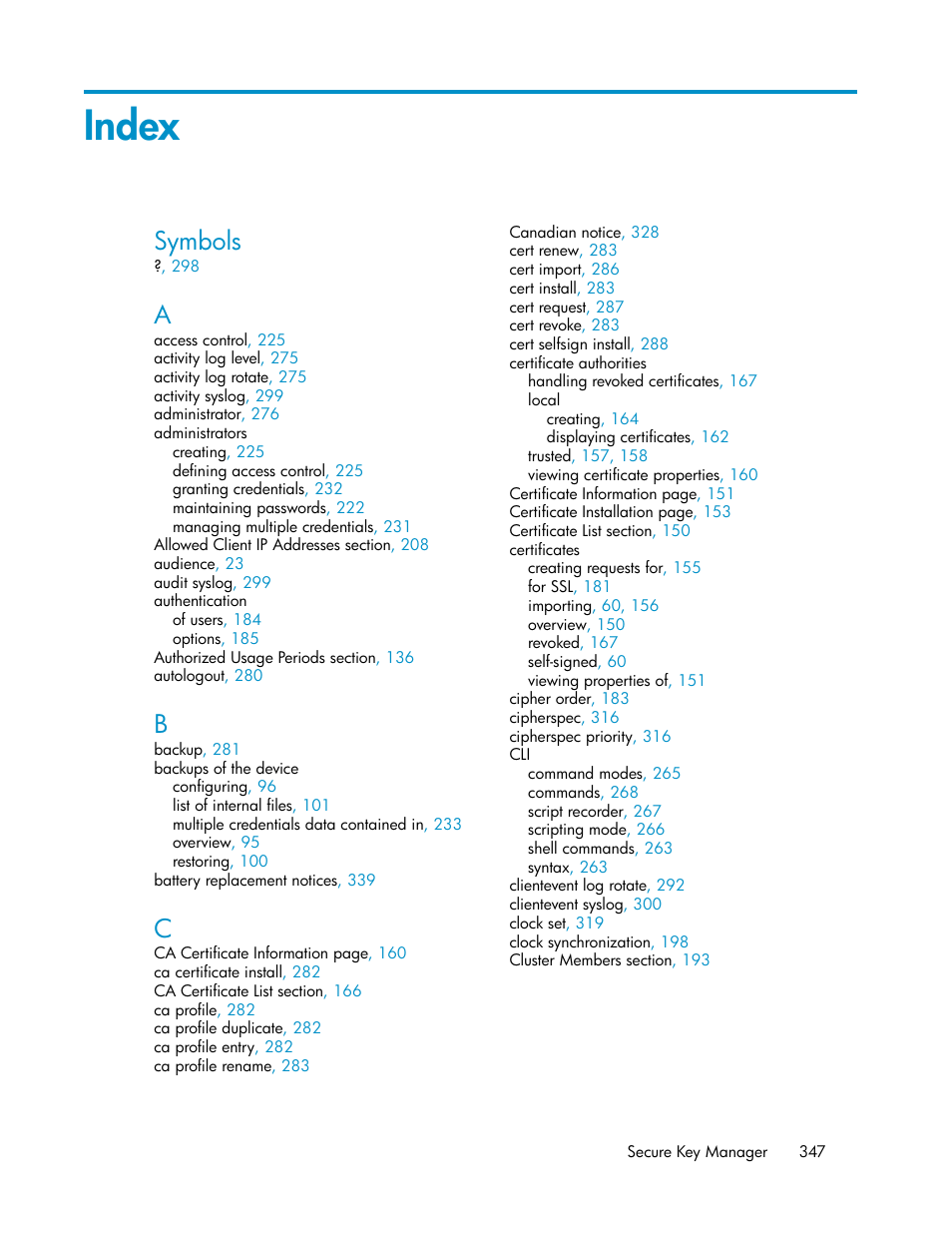 Index, Symbols | HP Secure Key Manager User Manual | Page 347 / 352