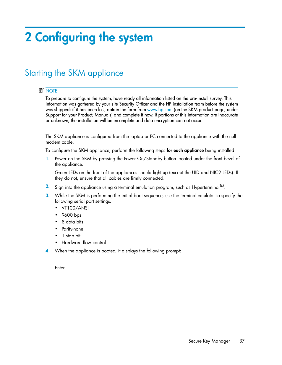 2 configuring the system, Starting the skm appliance | HP Secure Key Manager User Manual | Page 37 / 352