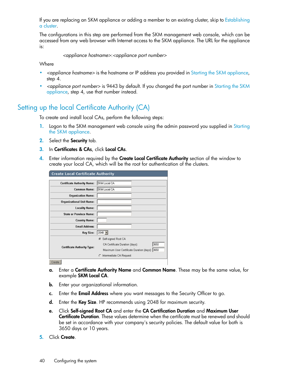 Setting up the local certificate authority (ca) | HP Secure Key Manager User Manual | Page 40 / 352