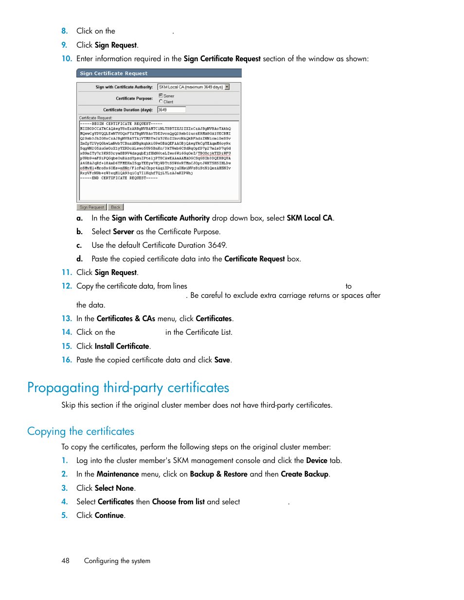 Propagating third-party certificates, Copying the certificates, Propagating | Third-party certificates | HP Secure Key Manager User Manual | Page 48 / 352