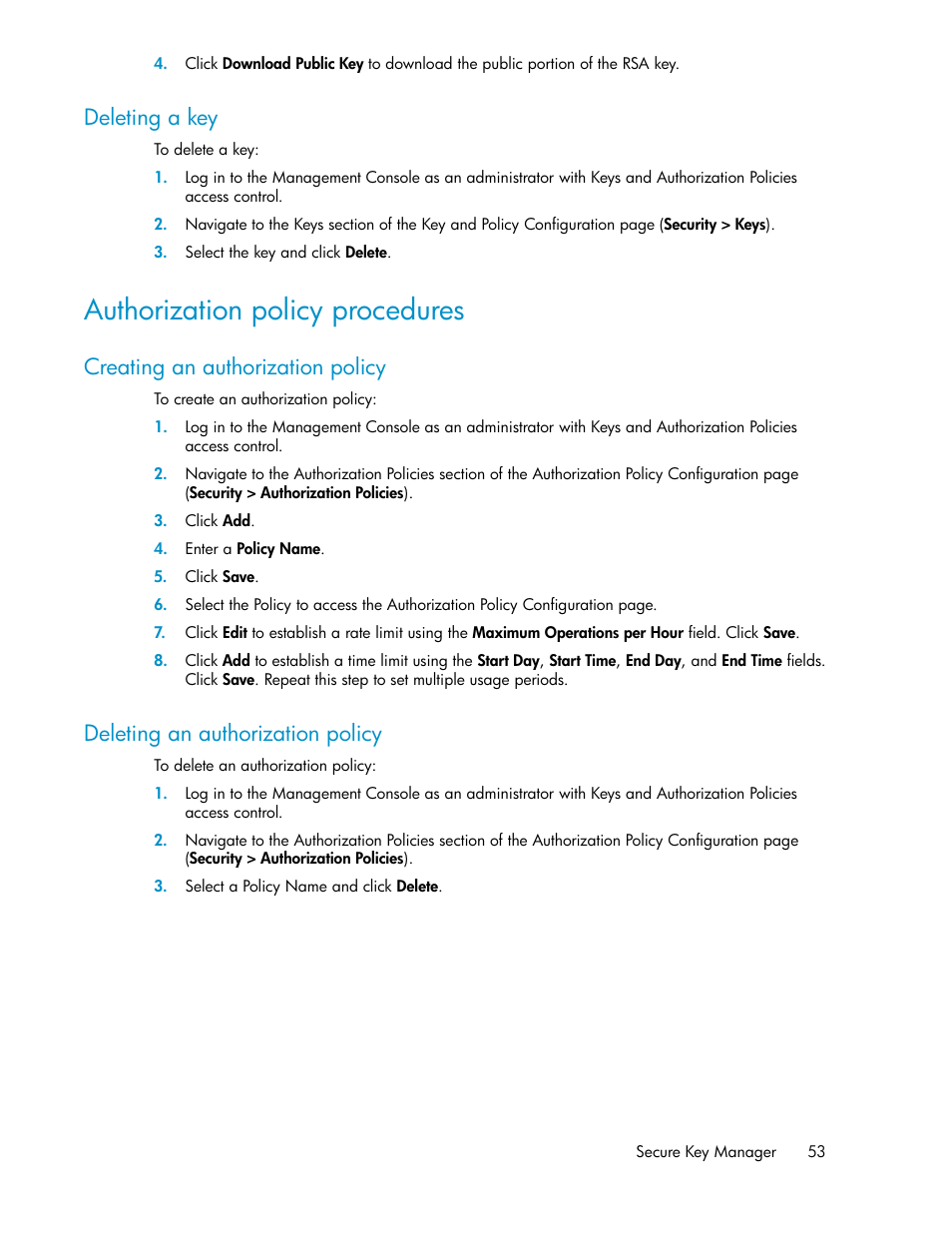 Deleting a key, Authorization policy procedures, Creating an authorization policy | Deleting an authorization policy, 53 deleting an authorization policy | HP Secure Key Manager User Manual | Page 53 / 352