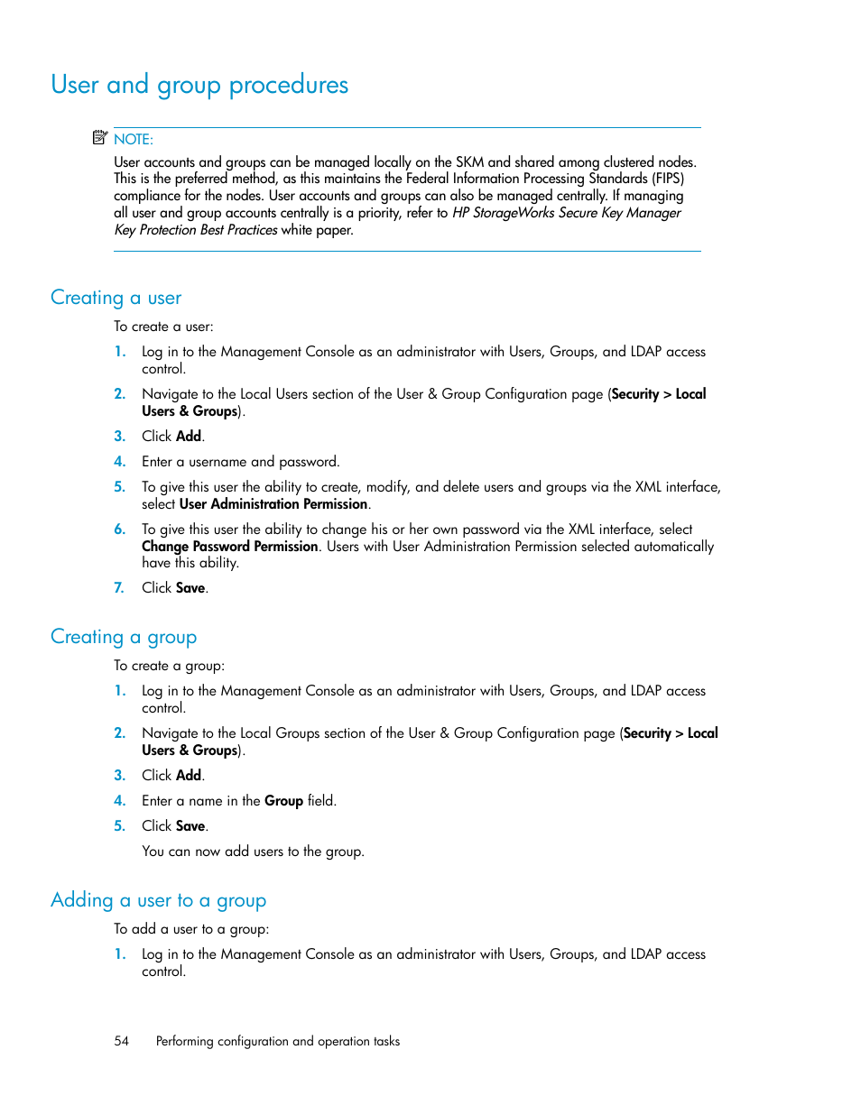 User and group procedures, Creating a user, Creating a group | Adding a user to a group, 54 creating a group, 54 adding a user to a group | HP Secure Key Manager User Manual | Page 54 / 352