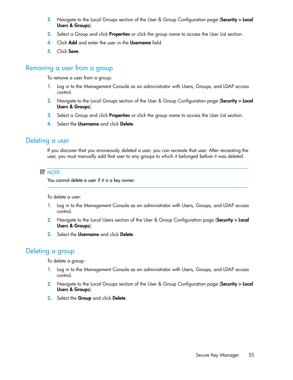 Removing a user from a group, Deleting a user, Deleting a group | 55 deleting a user, 55 deleting a group | HP Secure Key Manager User Manual | Page 55 / 352