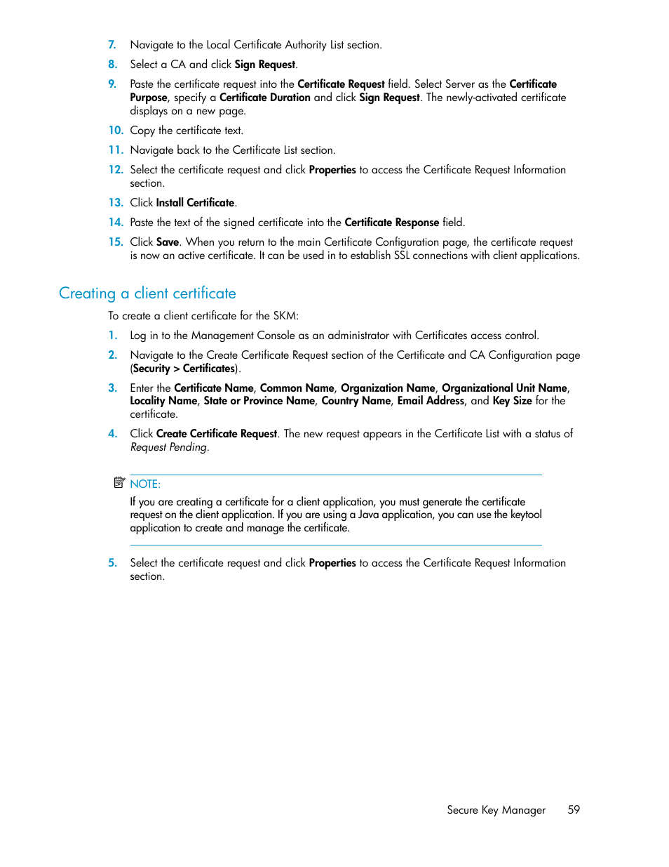 Creating a client certificate | HP Secure Key Manager User Manual | Page 59 / 352