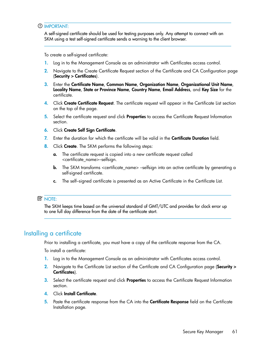 Installing a certificate | HP Secure Key Manager User Manual | Page 61 / 352