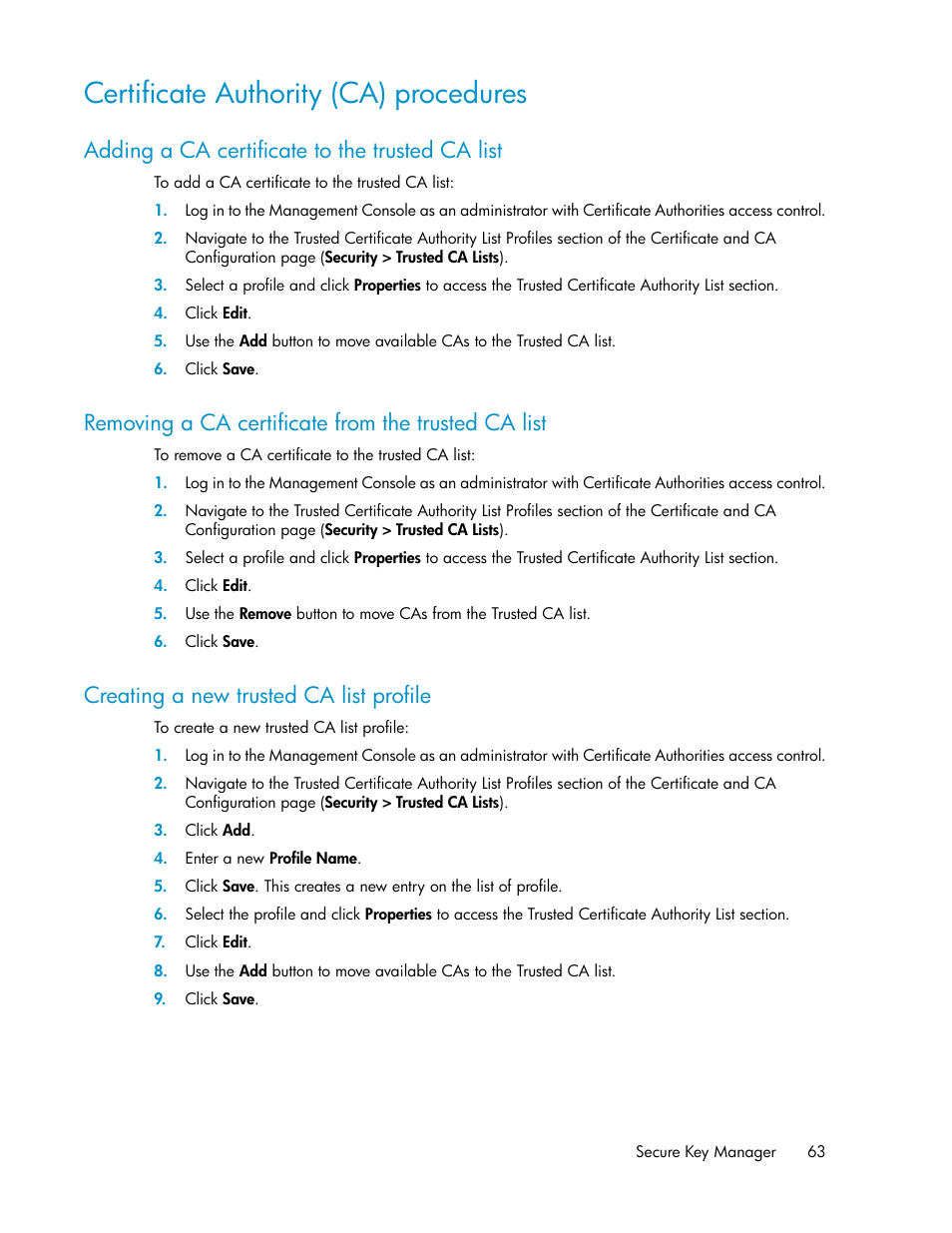 Certificate authority (ca) procedures, Adding a ca certificate to the trusted ca list, Removing a ca certificate from the trusted ca list | Creating a new trusted ca list profile, 63 creating a new trusted ca list profile | HP Secure Key Manager User Manual | Page 63 / 352