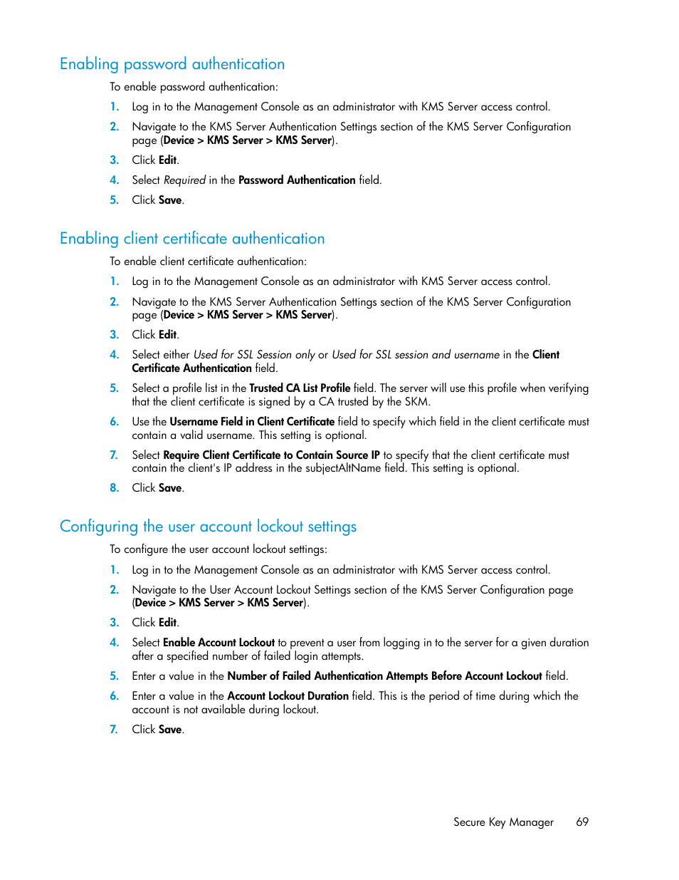 Enabling password authentication, Enabling client certificate authentication, Configuring the user account lockout settings | 69 enabling client certificate authentication, 69 configuring the user account lockout settings | HP Secure Key Manager User Manual | Page 69 / 352