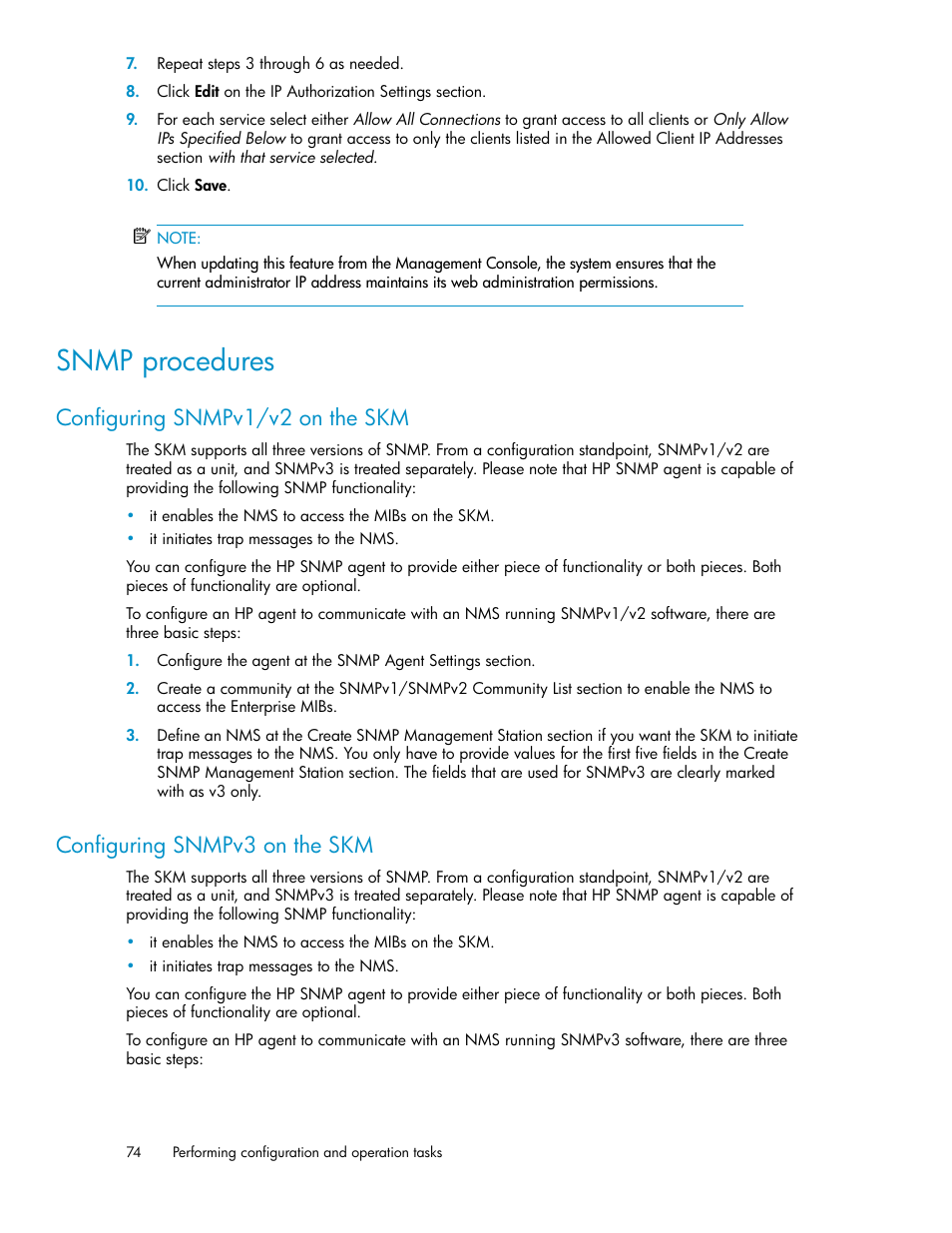 Snmp procedures, Configuring snmpv1/v2 on the skm, Configuring snmpv3 on the skm | 74 configuring snmpv3 on the skm | HP Secure Key Manager User Manual | Page 74 / 352