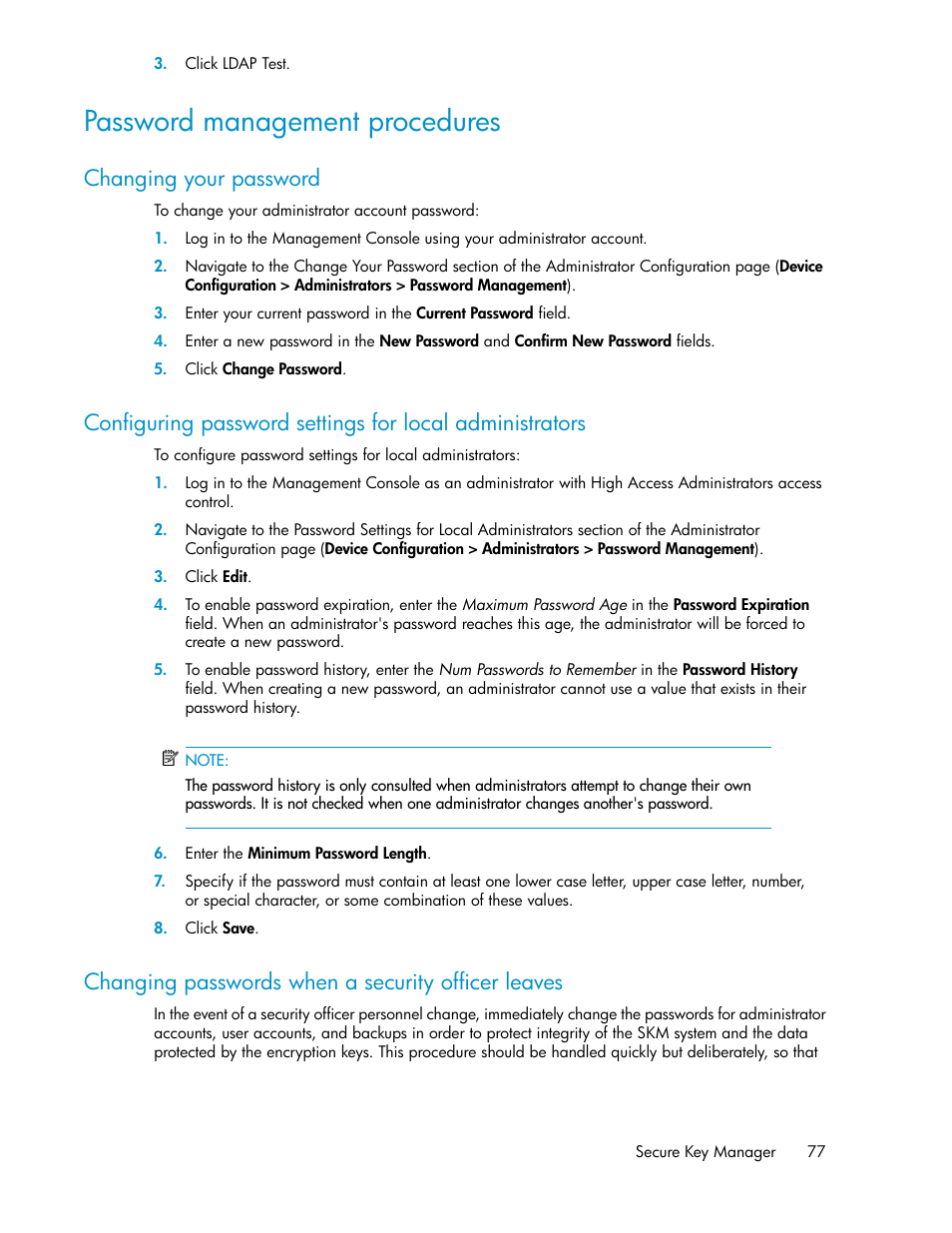 Password management procedures, Changing your password, Changing passwords when a security officer leaves | HP Secure Key Manager User Manual | Page 77 / 352