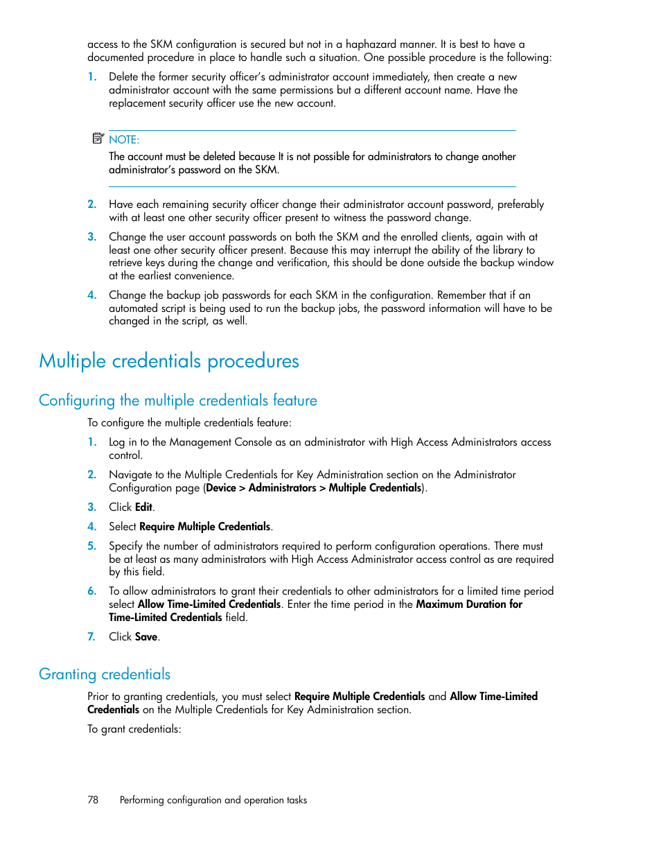 Multiple credentials procedures, Configuring the multiple credentials feature, Granting credentials | 78 granting credentials | HP Secure Key Manager User Manual | Page 78 / 352