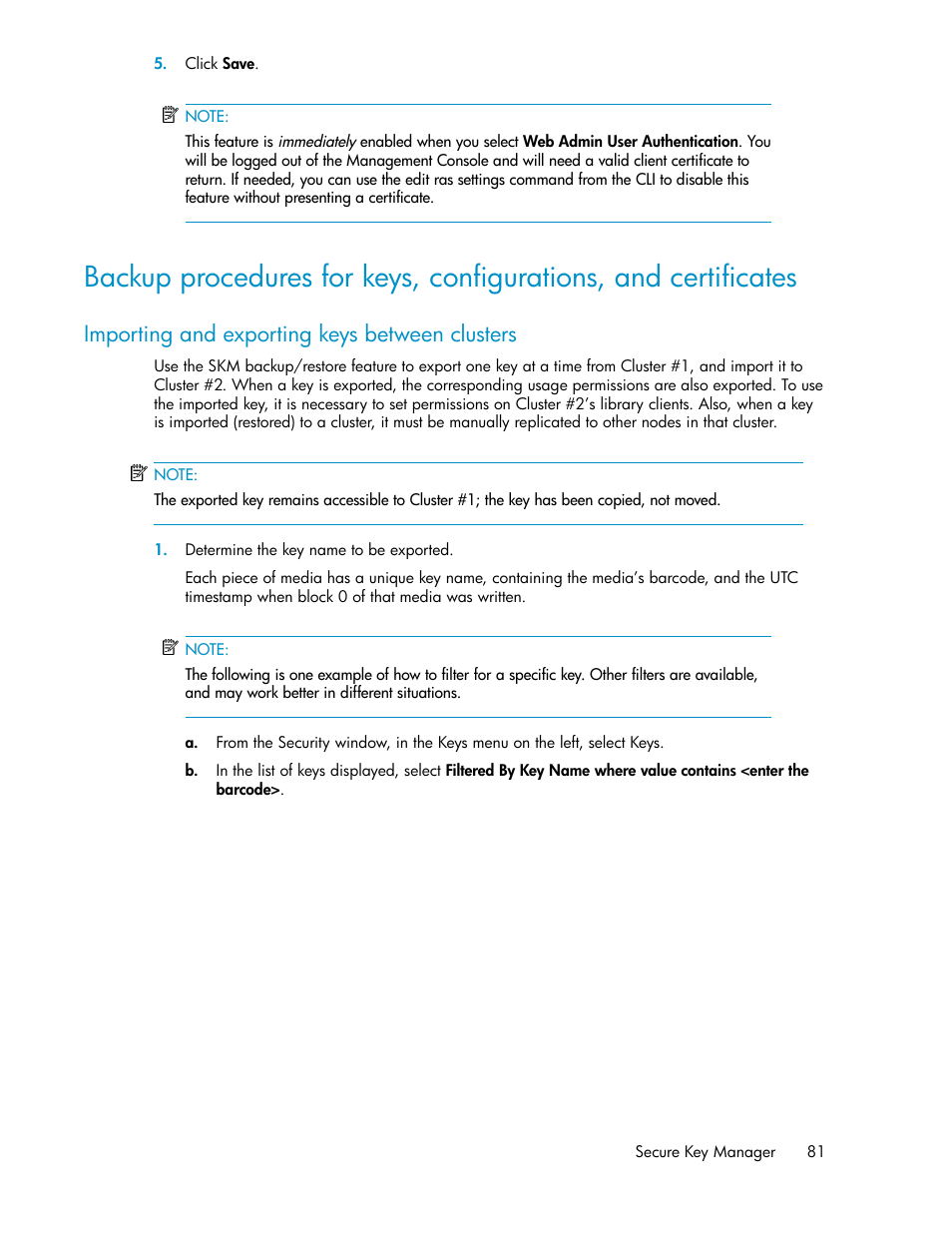 Importing and exporting keys between clusters | HP Secure Key Manager User Manual | Page 81 / 352