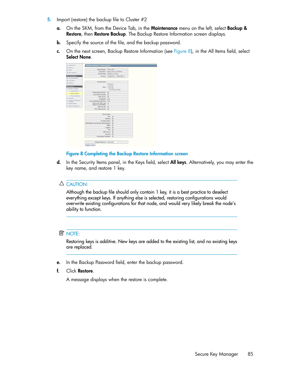 Completing the backup restore information screen | HP Secure Key Manager User Manual | Page 85 / 352