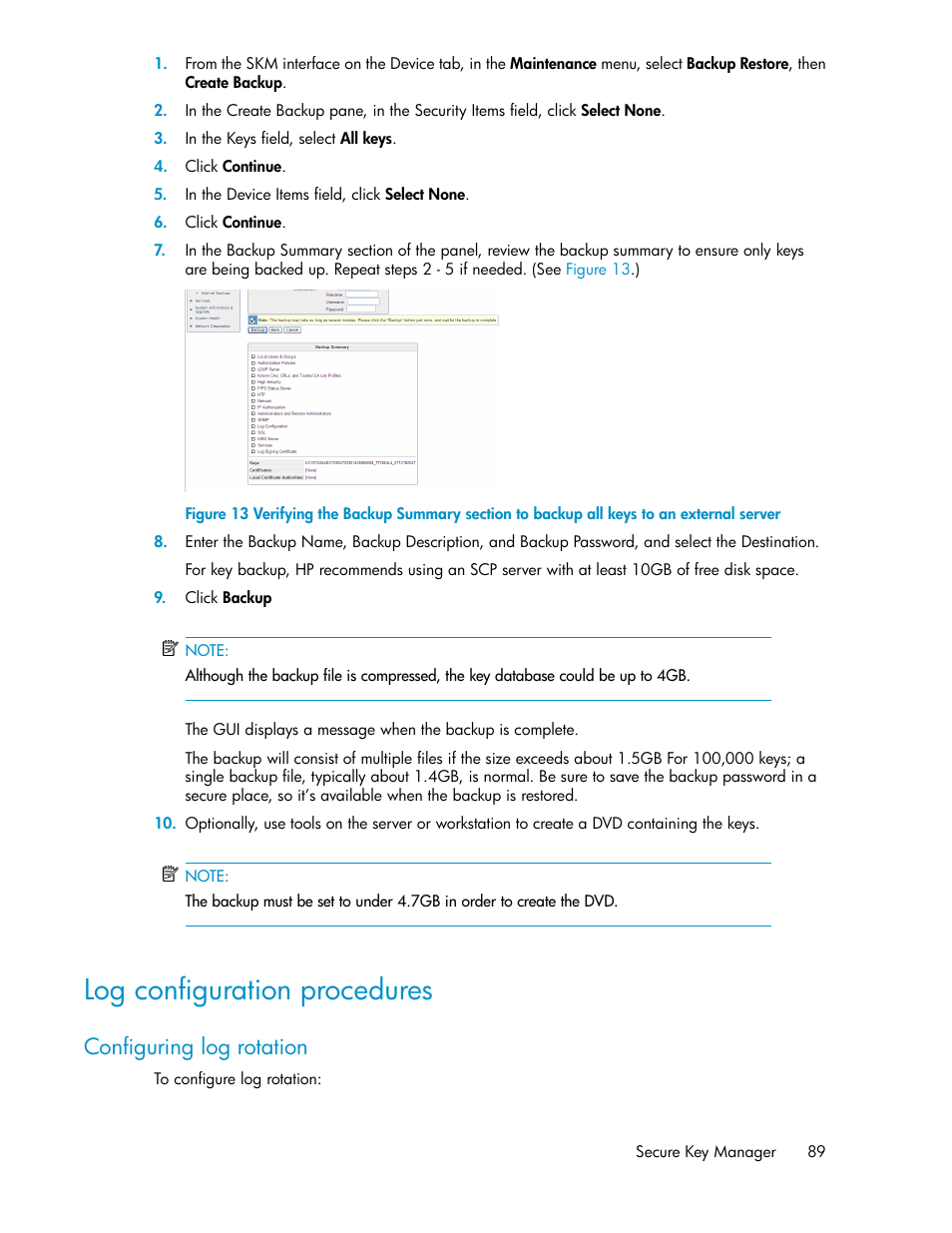 Log configuration procedures, Configuring log rotation | HP Secure Key Manager User Manual | Page 89 / 352