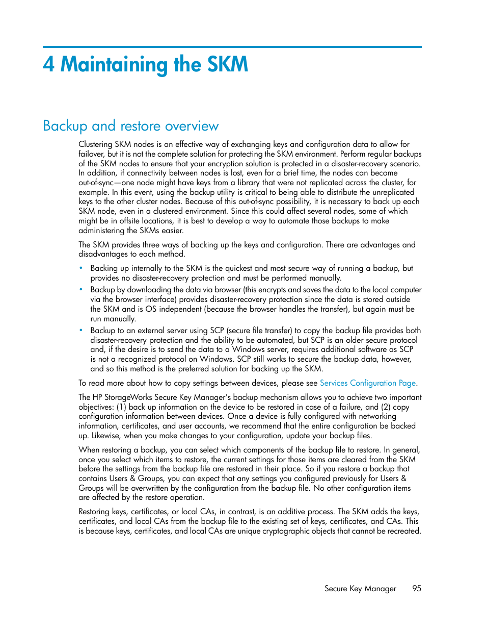 4 maintaining the skm, Backup and restore overview | HP Secure Key Manager User Manual | Page 95 / 352