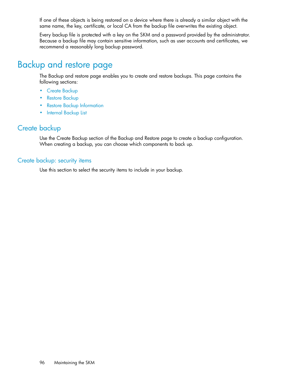 Create backup, Create backup: security items, Backup and restore page | HP Secure Key Manager User Manual | Page 96 / 352