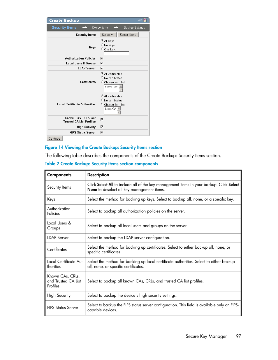 Viewing the create backup: security items section, Create backup: security items section components | HP Secure Key Manager User Manual | Page 97 / 352