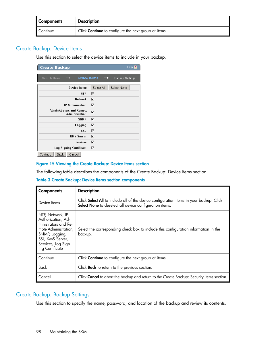 Create backup: device items, Create backup: backup settings, 98 create backup: backup settings | Viewing the create backup: device items section, Create backup: device items section components | HP Secure Key Manager User Manual | Page 98 / 352