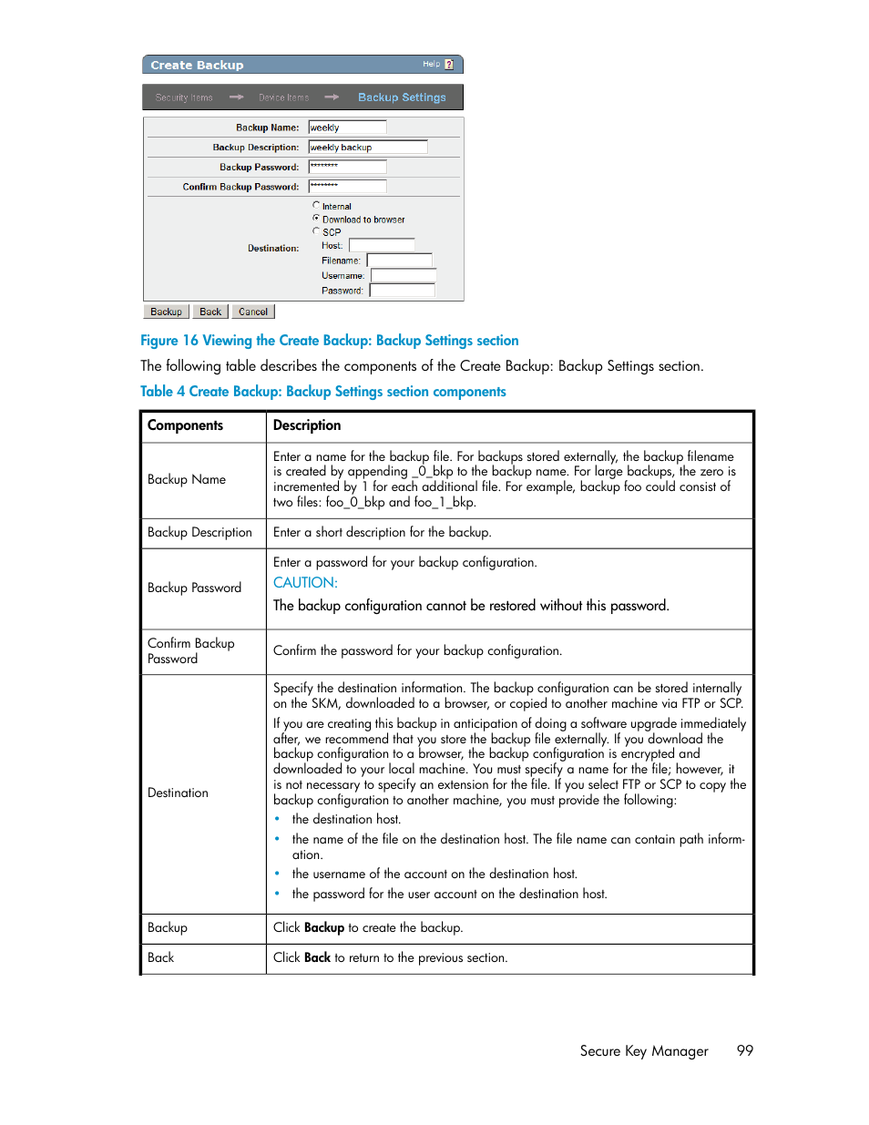 Viewing the create backup: backup settings section, Create backup: backup settings section components | HP Secure Key Manager User Manual | Page 99 / 352