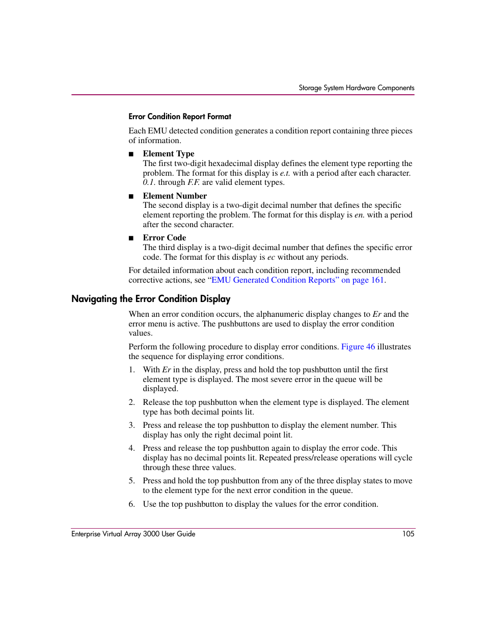 Navigating the error condition display | HP 3000 Enterprise Virtual Array User Manual | Page 105 / 244