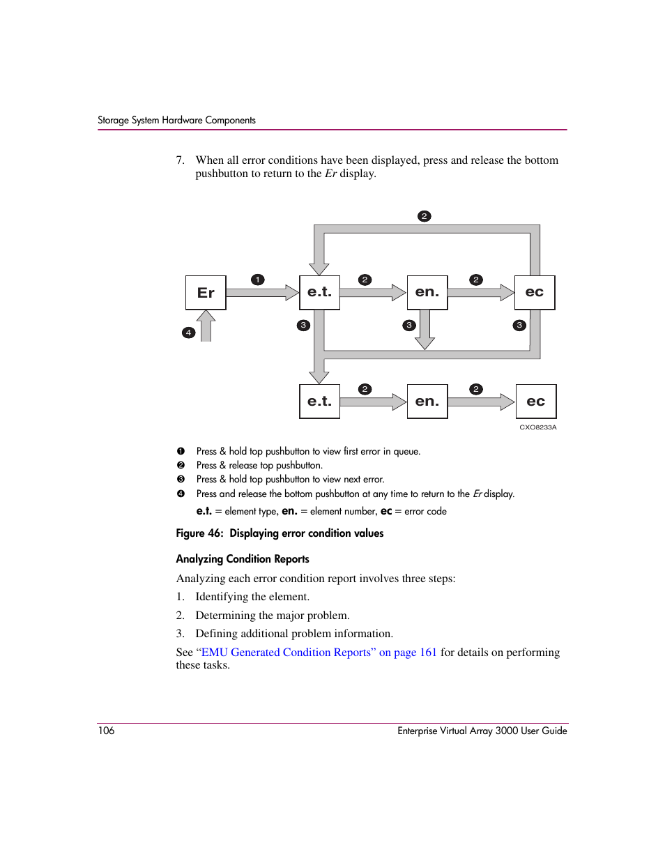 46 displaying error condition values, Conditions, Figure 46 | Er en. ec, E.t. en. ec e.t | HP 3000 Enterprise Virtual Array User Manual | Page 106 / 244