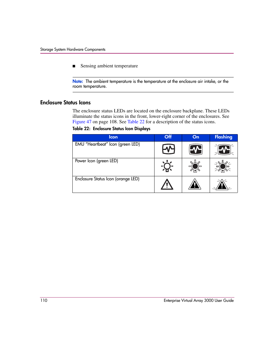 Enclosure status icons, 22 enclosure status icon displays | HP 3000 Enterprise Virtual Array User Manual | Page 110 / 244
