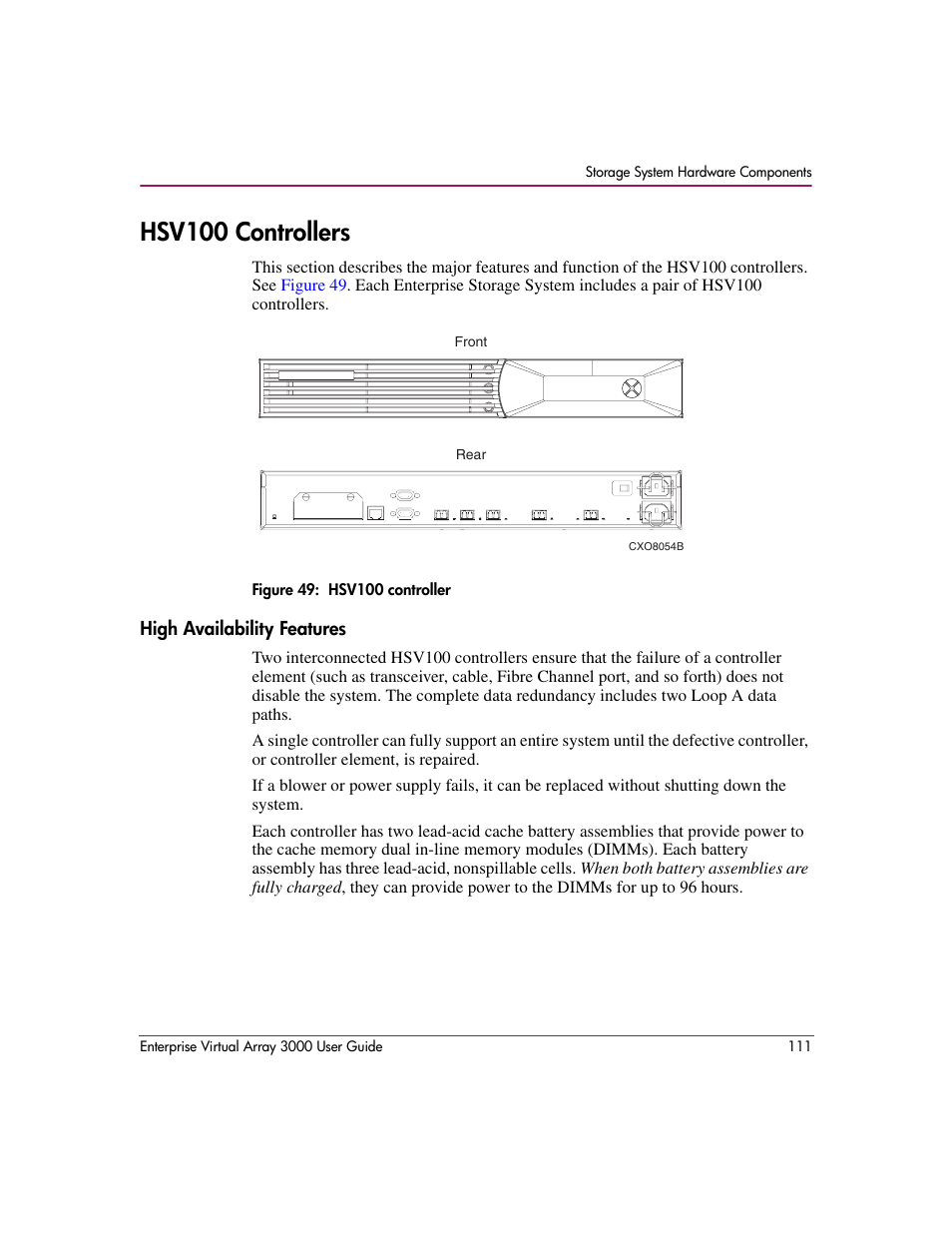 Hsv100 controllers, High availability features, 49 hsv100 controller | Controllers, see | HP 3000 Enterprise Virtual Array User Manual | Page 111 / 244