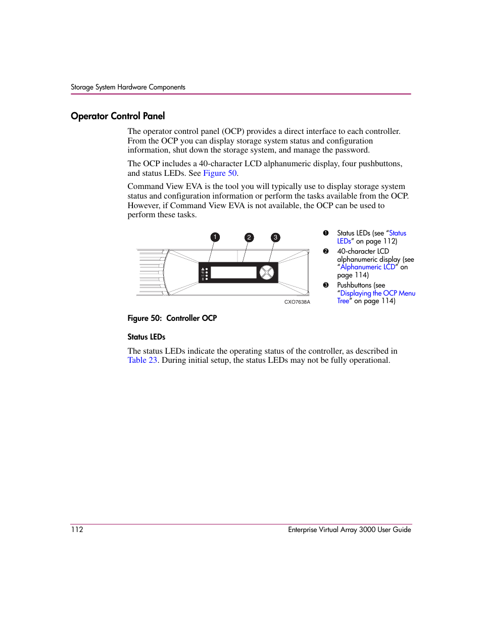 Operator control panel, 50 controller ocp | HP 3000 Enterprise Virtual Array User Manual | Page 112 / 244