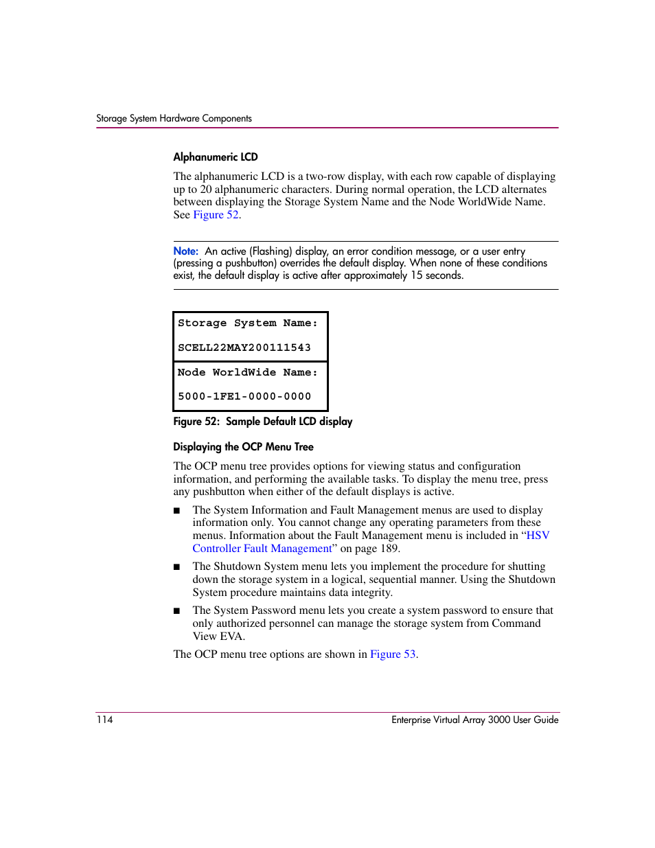 52 sample default lcd display, Alphanumeric lcd, Displaying the ocp menu | Tree | HP 3000 Enterprise Virtual Array User Manual | Page 114 / 244