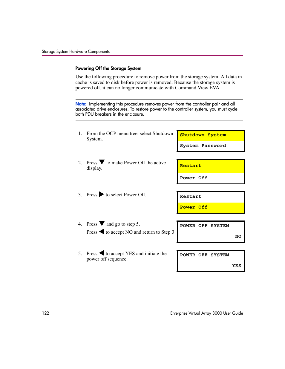 Powering off the storage system | HP 3000 Enterprise Virtual Array User Manual | Page 122 / 244