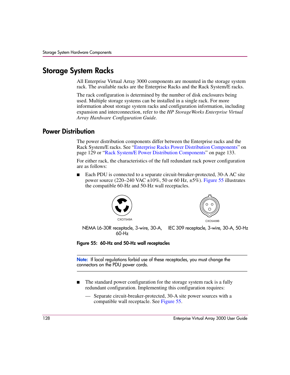 Storage system racks, Power distribution, 55 60-hz and 50-hz wall receptacles | Information, see | HP 3000 Enterprise Virtual Array User Manual | Page 128 / 244