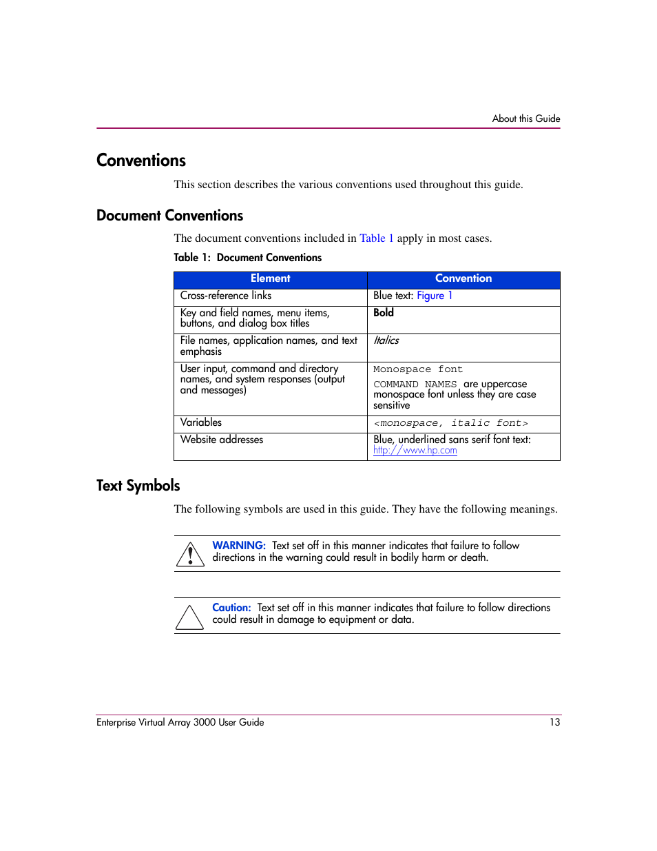 Conventions, Document conventions, Text symbols | Document conventions text symbols, 1 document conventions | HP 3000 Enterprise Virtual Array User Manual | Page 13 / 244