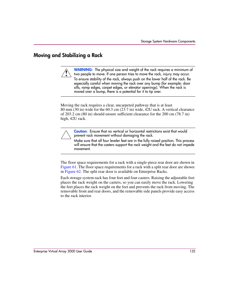 Moving and stabilizing a rack | HP 3000 Enterprise Virtual Array User Manual | Page 135 / 244