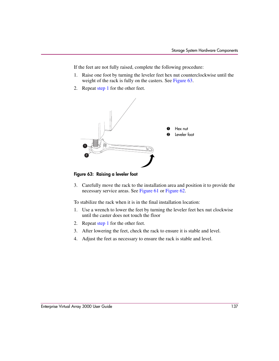 63 raising a leveler foot | HP 3000 Enterprise Virtual Array User Manual | Page 137 / 244