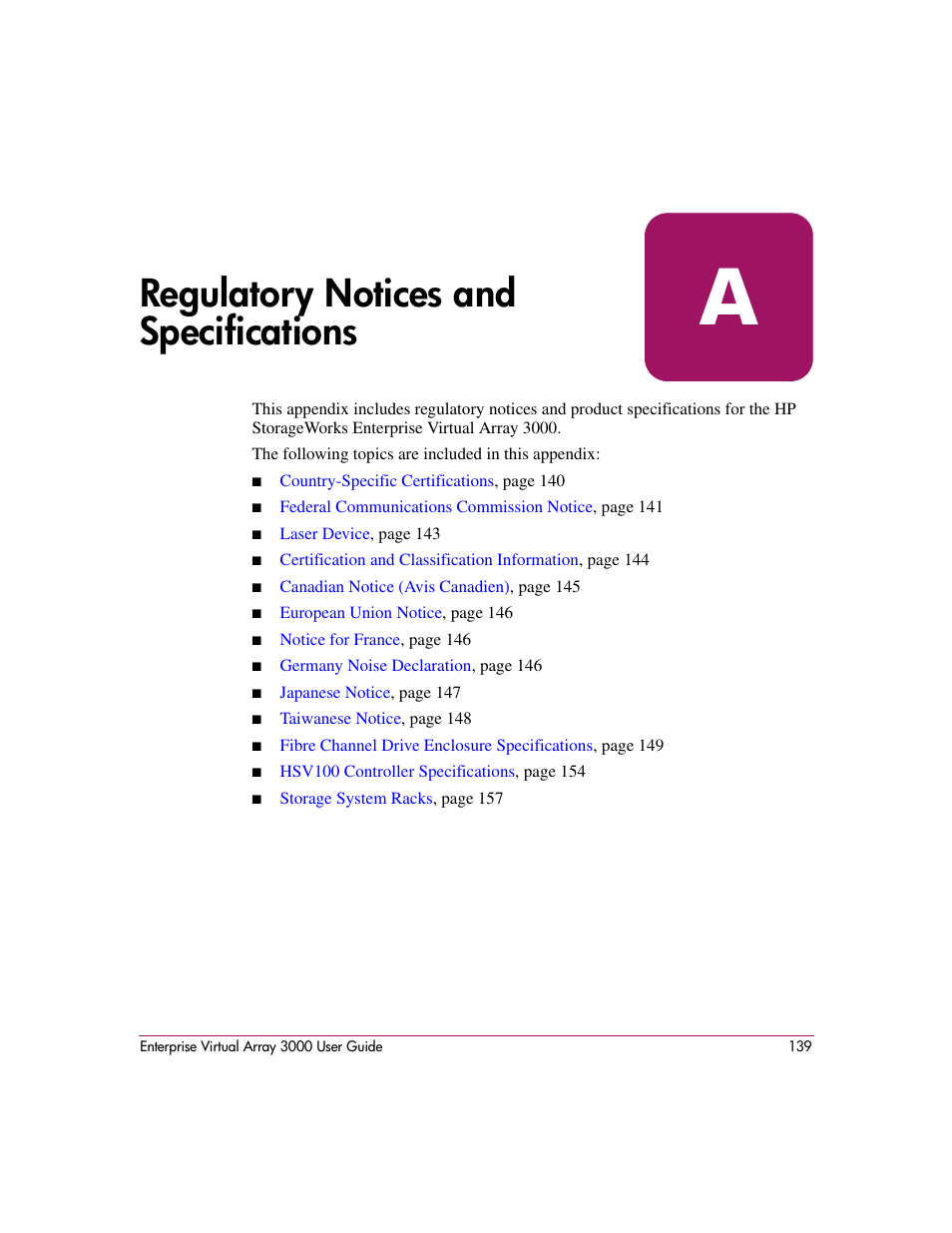 Regulatory notices and specifications, A regulatory notices and specifications | HP 3000 Enterprise Virtual Array User Manual | Page 139 / 244