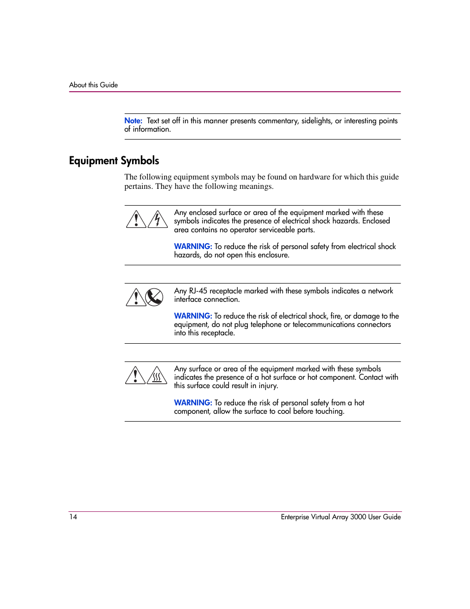 Equipment symbols | HP 3000 Enterprise Virtual Array User Manual | Page 14 / 244