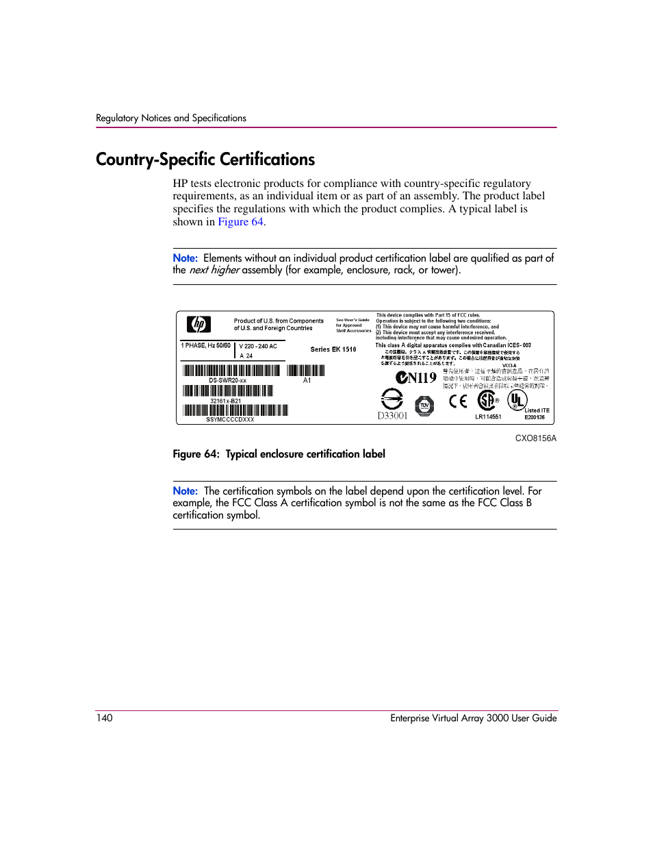 Country�specific certifications, Country-specific certifications, 64 typical enclosure certification label | Country­specific certifications | HP 3000 Enterprise Virtual Array User Manual | Page 140 / 244