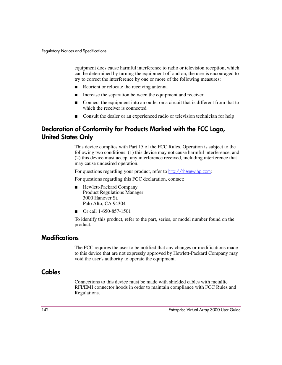 Modifications, Cables | HP 3000 Enterprise Virtual Array User Manual | Page 142 / 244