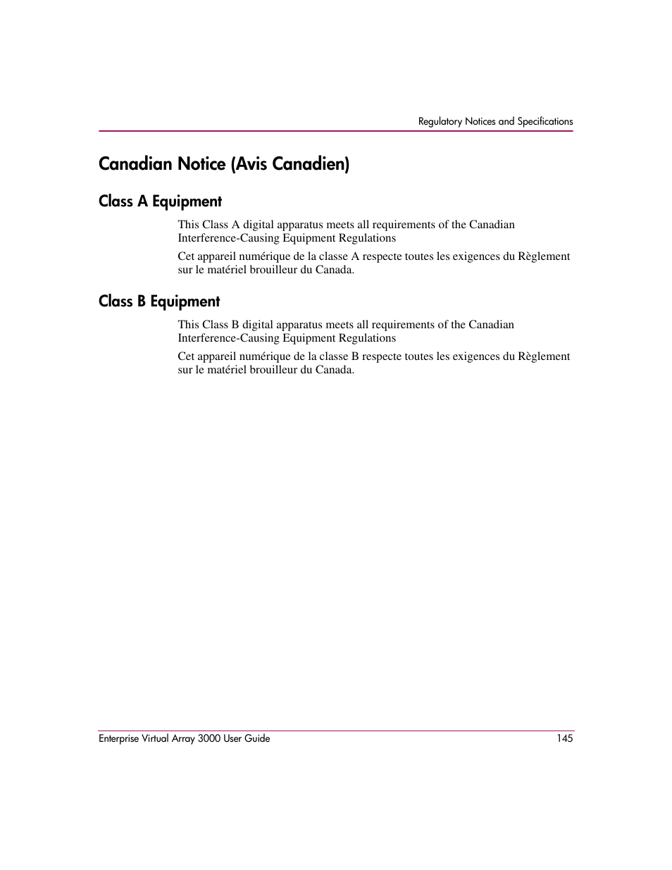 Canadian notice (avis canadien), Class a equipment, Class b equipment | Class a equipment class b equipment | HP 3000 Enterprise Virtual Array User Manual | Page 145 / 244