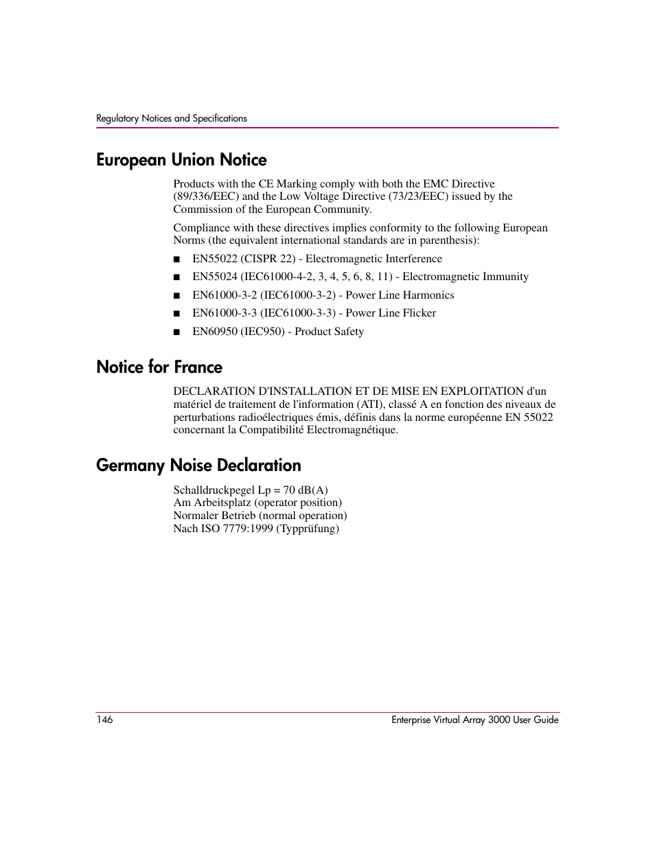 European union notice, Notice for france, Germany noise declaration | HP 3000 Enterprise Virtual Array User Manual | Page 146 / 244