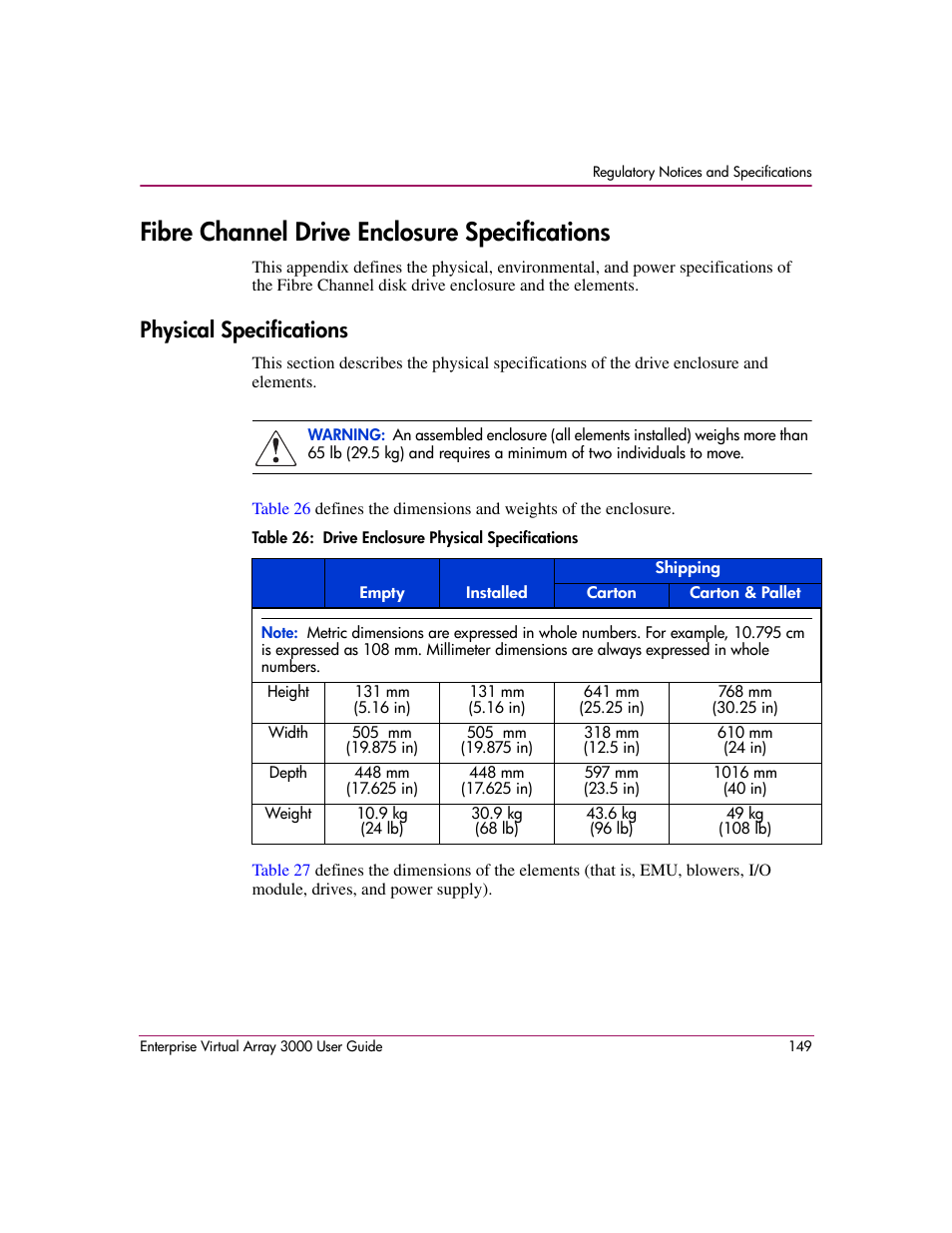 Fibre channel drive enclosure specifications, Physical specifications, 26 drive enclosure physical specifications | HP 3000 Enterprise Virtual Array User Manual | Page 149 / 244