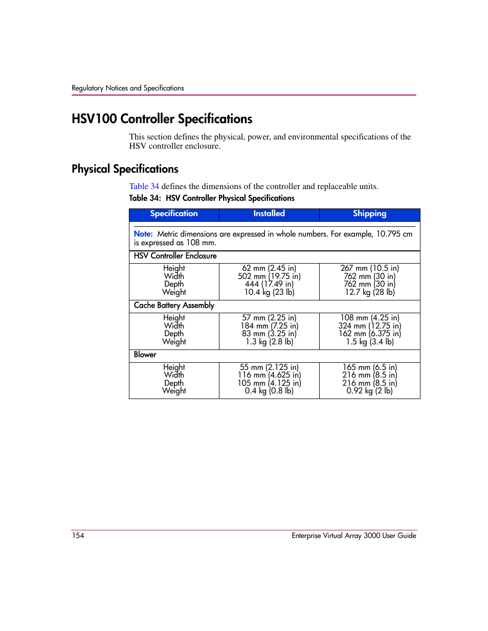 Hsv100 controller specifications, Physical specifications, 34 hsv controller physical specifications | HP 3000 Enterprise Virtual Array User Manual | Page 154 / 244