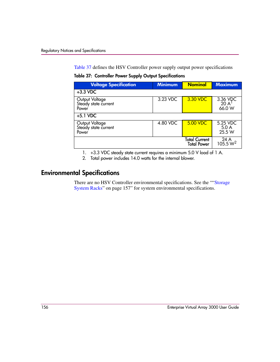 Environmental specifications, 37 controller power supply output specifications | HP 3000 Enterprise Virtual Array User Manual | Page 156 / 244