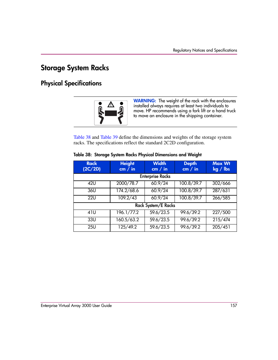 Storage system racks, Physical specifications, Storage | System racks | HP 3000 Enterprise Virtual Array User Manual | Page 157 / 244