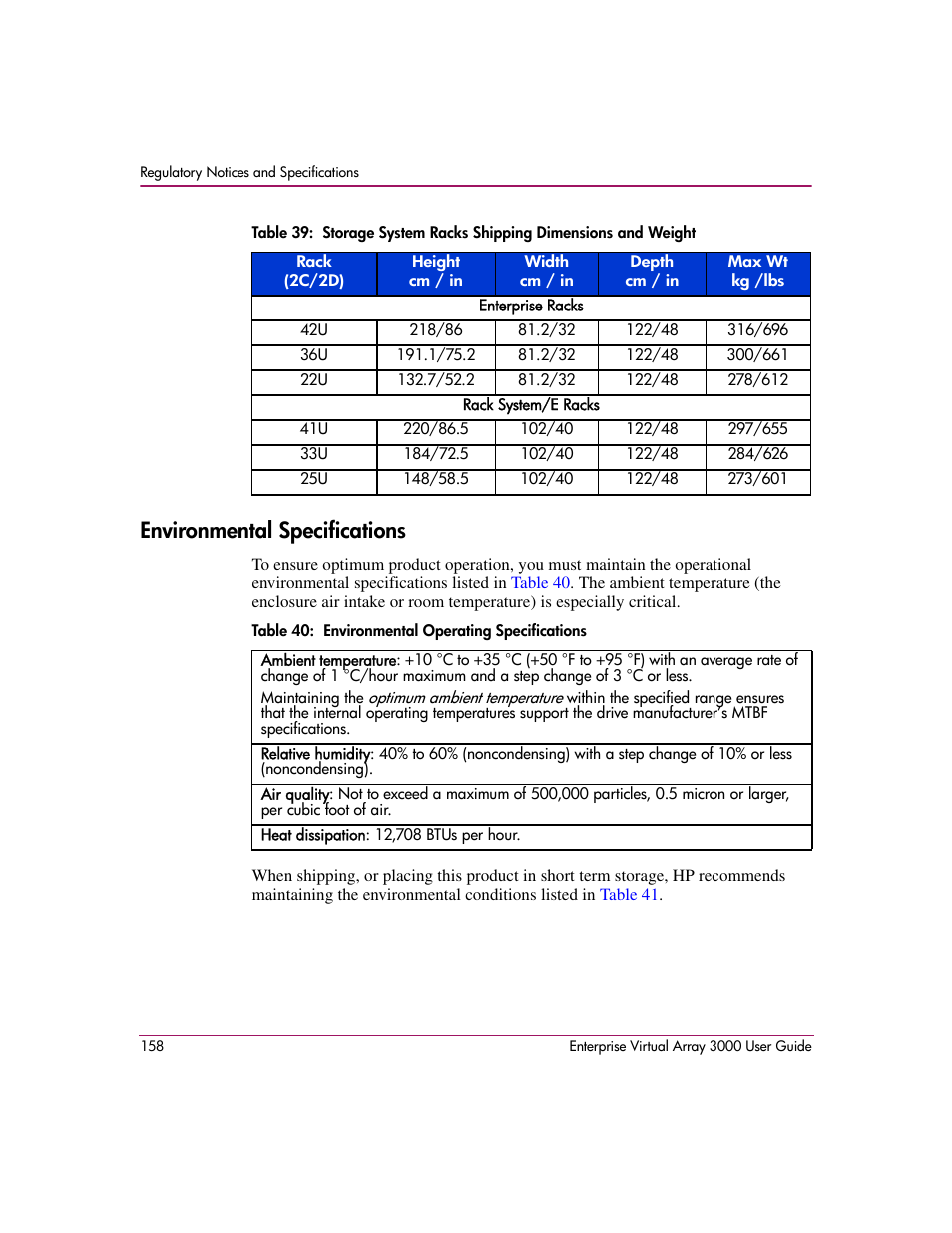 Environmental specifications, Table 39 | HP 3000 Enterprise Virtual Array User Manual | Page 158 / 244