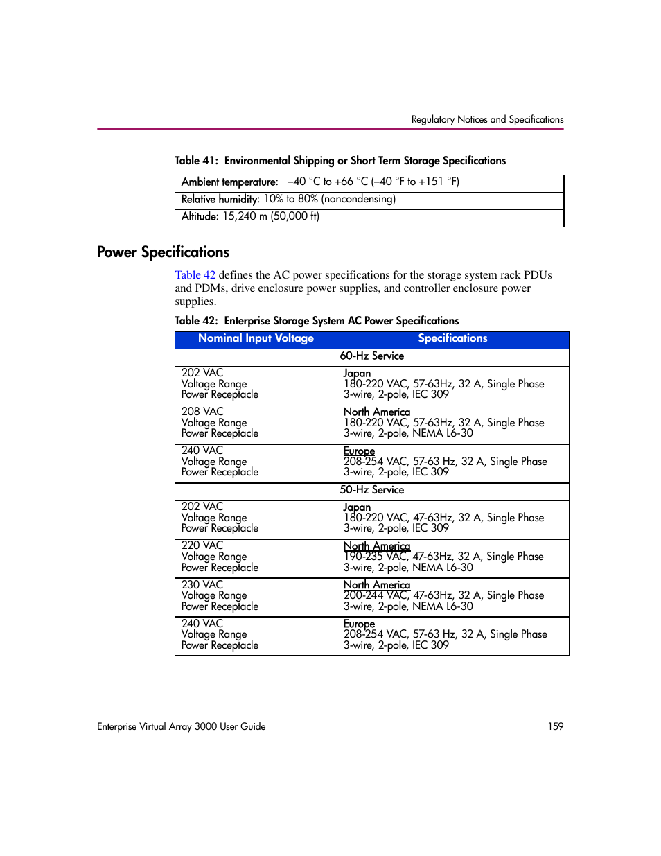 Power specifications | HP 3000 Enterprise Virtual Array User Manual | Page 159 / 244