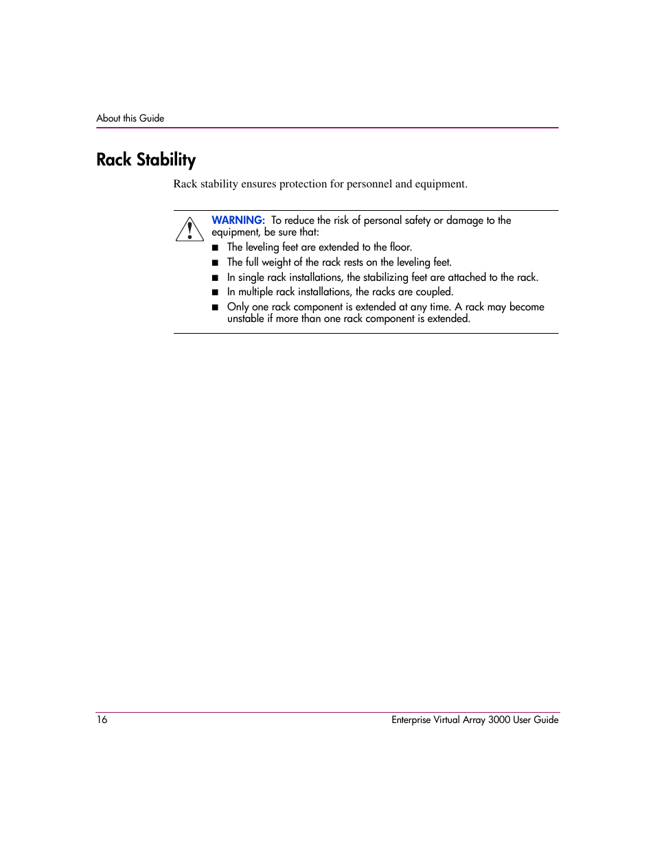 Rack stability | HP 3000 Enterprise Virtual Array User Manual | Page 16 / 244