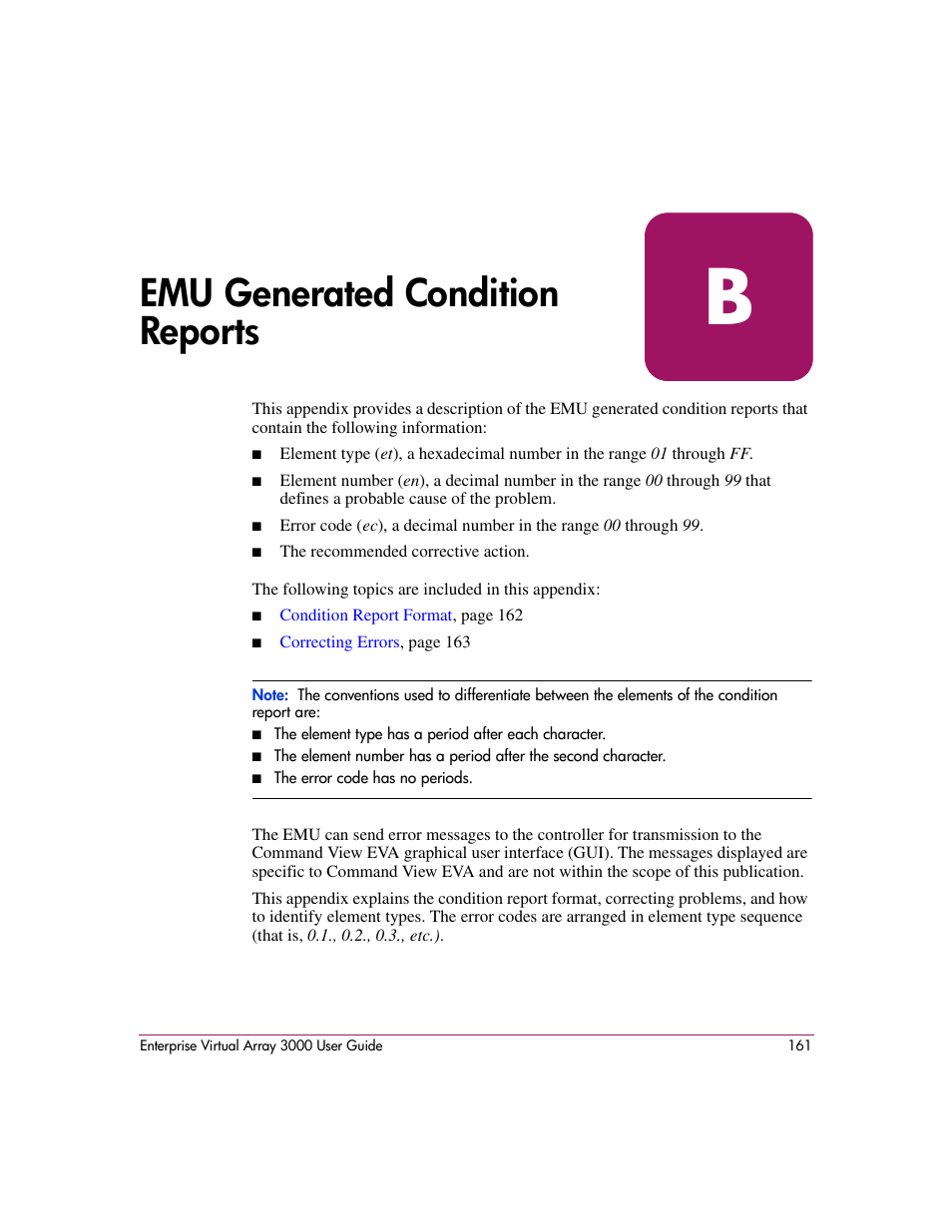 Emu generated condition reports, B emu generated condition reports, Wing sections. see | Emu generated condition reports” on | HP 3000 Enterprise Virtual Array User Manual | Page 161 / 244