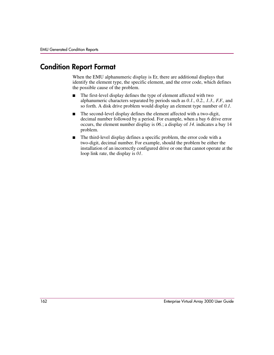 Condition report format | HP 3000 Enterprise Virtual Array User Manual | Page 162 / 244