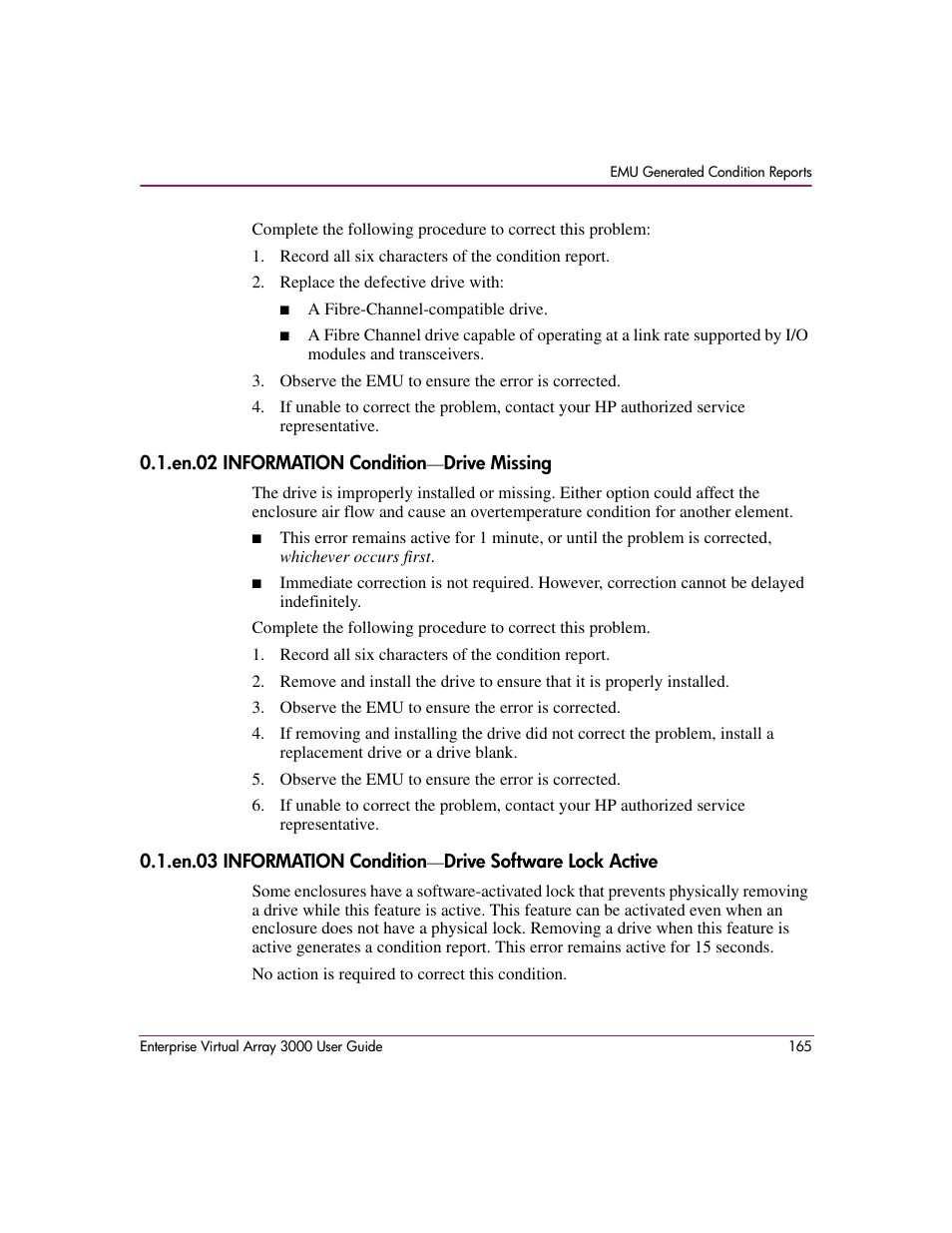 En.02 information condition-drive missing | HP 3000 Enterprise Virtual Array User Manual | Page 165 / 244