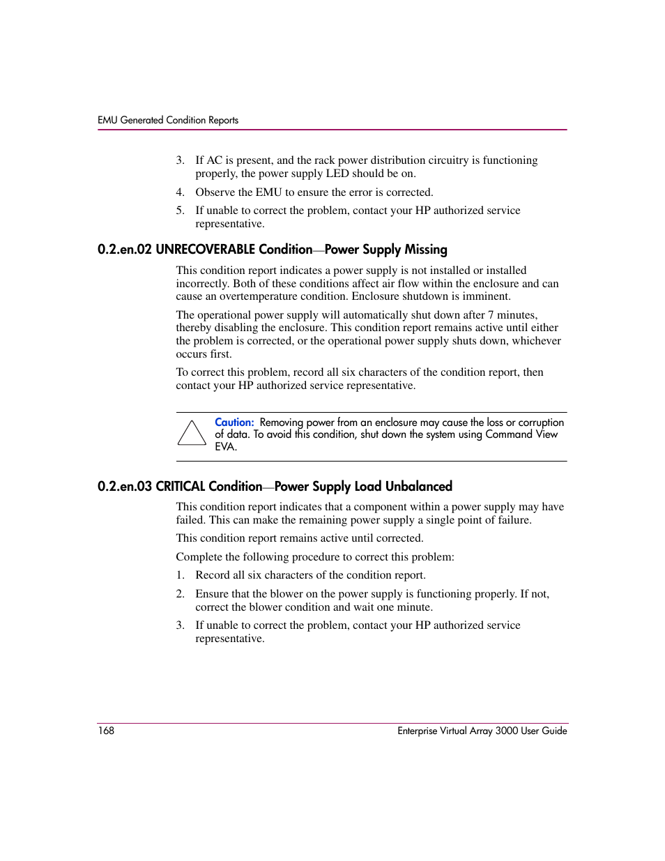 En.02 unrecoverable condition-power supply missing | HP 3000 Enterprise Virtual Array User Manual | Page 168 / 244